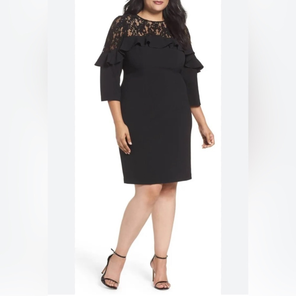 Eliza J Lace Yoke 3/4 Sleeve Sheath Dress Black Size 20W
